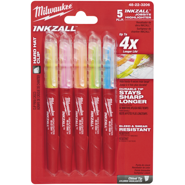 Inkzall highlighter farvede pk m/5 stk. Milwaukee