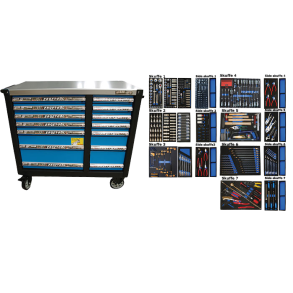 Vrktjsvogn XXL med 14 skuffer med 506 dele vrktj. Model 9145-506. Bl